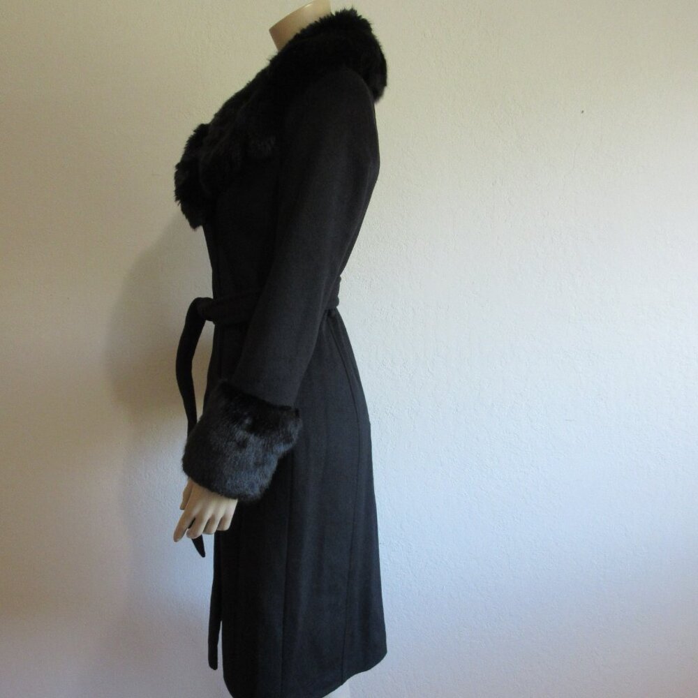 VIA SPIGA Black Faux Fur Trim Wool Belted XXS Coat - Picture 4 of 8